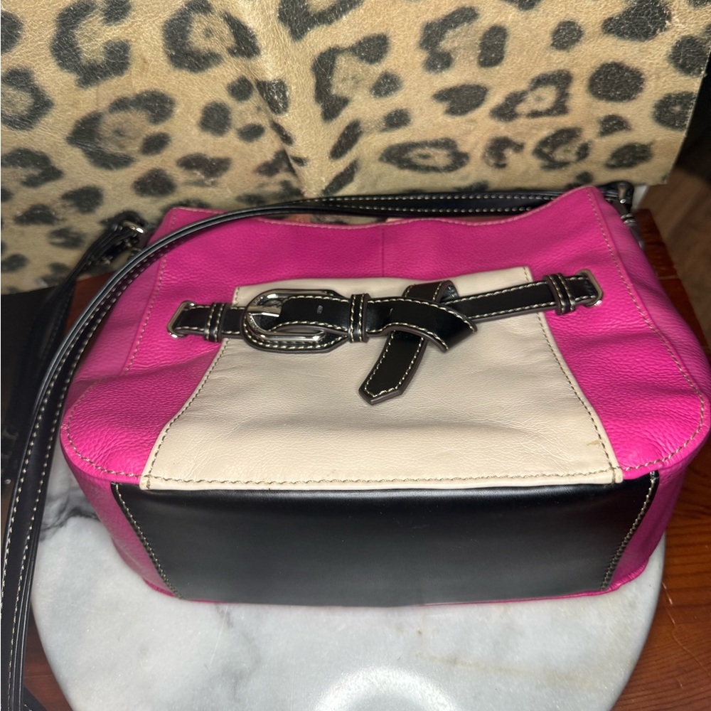 Tignanello Hot Pink & Cream Pebble Leather Crossbody Bag - Picture 14 of 16